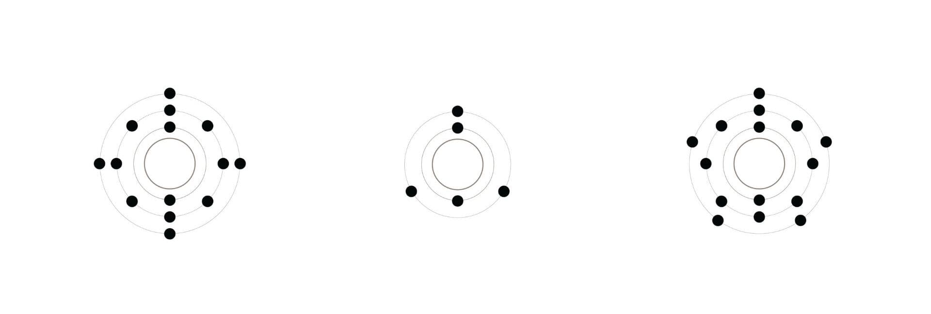 Atoms in an ASIC. From left to right, Silicon (Si), Boron (B), and Phosphorus(P), showing their electron configurations. Note the 4, 3, and 5 outer valence electrons in the respective elements.